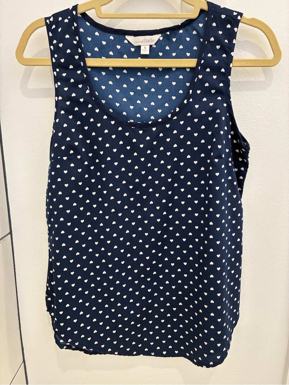 Charming Charlie Navy Sleeveless Tank with White Heart Print